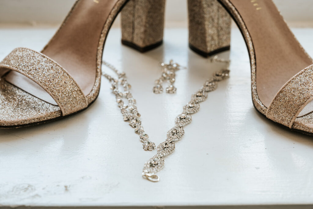 brides shoes and diamond jewelry